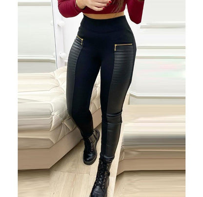 Skinny Pants Women Streetwear Contrast Zipper Detail New Fashion Elegant Leather Casual Bottom Trousers for Female Spring 2024