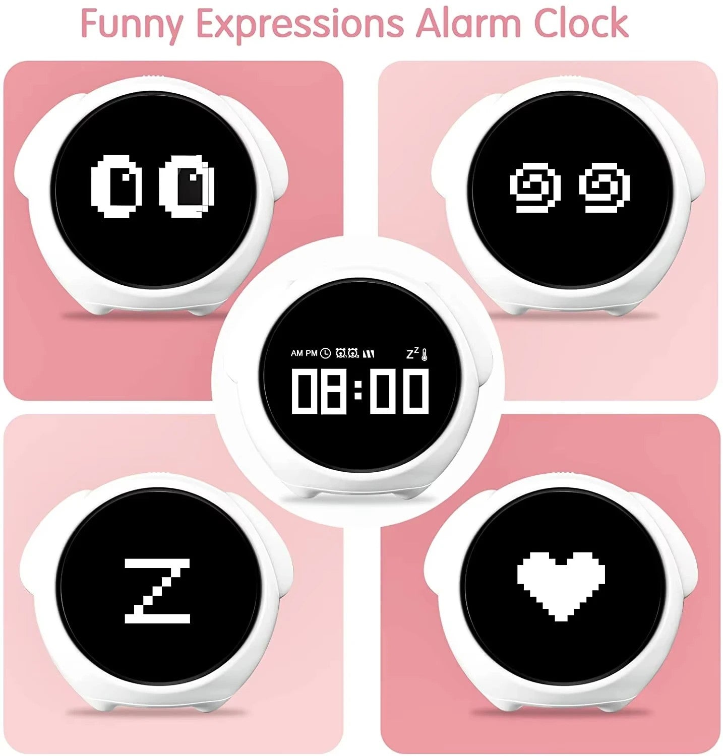 Cute Digital Emoji Alarm Clock with 5Voices Snooze Function Date Temperature 12/24 Hours Clock with Voice Activated Night Light