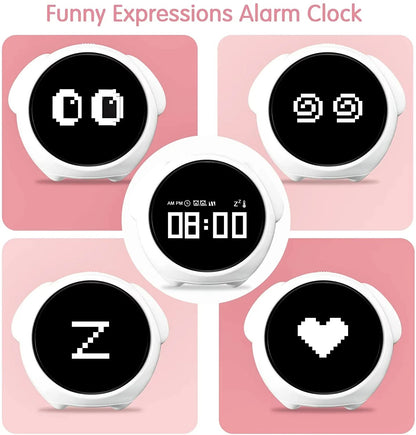 Cute Digital Emoji Alarm Clock with 5Voices Snooze Function Date Temperature 12/24 Hours Clock with Voice Activated Night Light