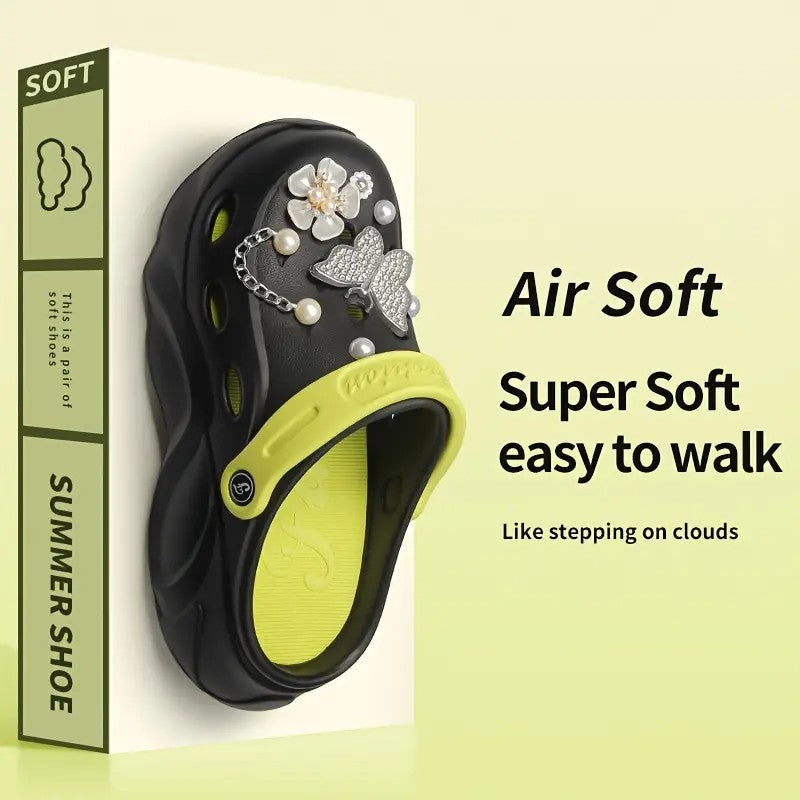 Silver Butterfly Platform Sandals for Women Summer Fashion Pearl Flower Decor Clogs Shoes Woman Thick Bottom EVA Beach Slippers