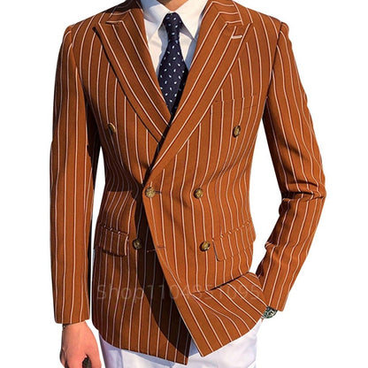 Men's Brown Striped Blazer Double Breasted Jacket Peak Lapel Spring New Style Male Outerwear