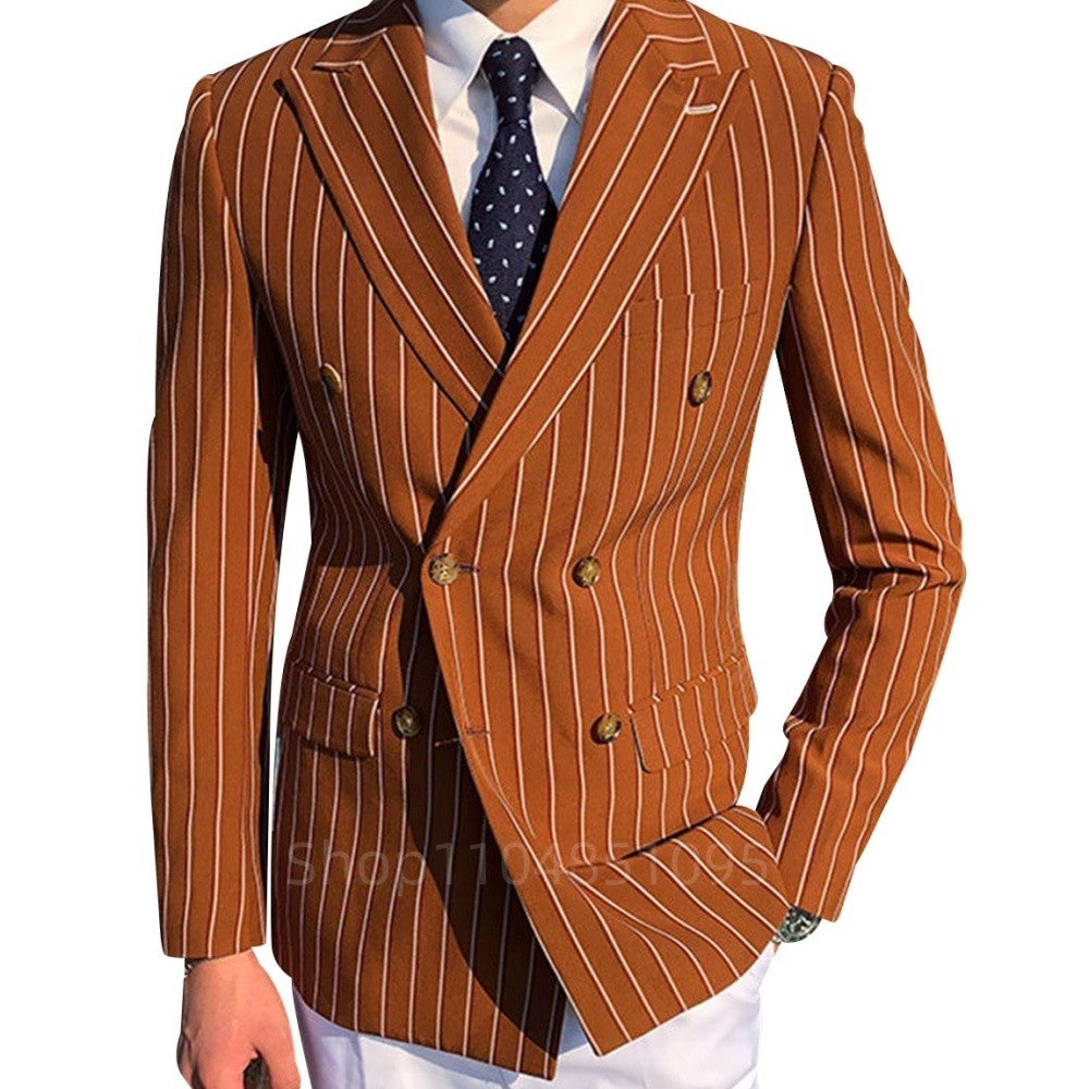 Men's Brown Striped Blazer Double Breasted Jacket Peak Lapel Spring New Style Male Outerwear