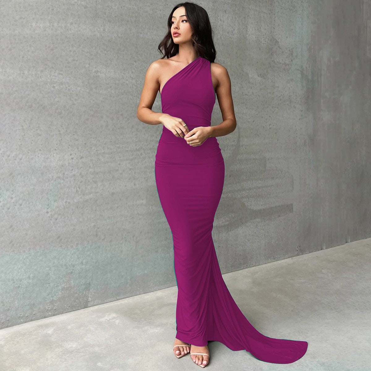 Hugcitar One Shoulder Backless Adjustable Scarf Loop Ruched Sexy Maxi Dress Wome