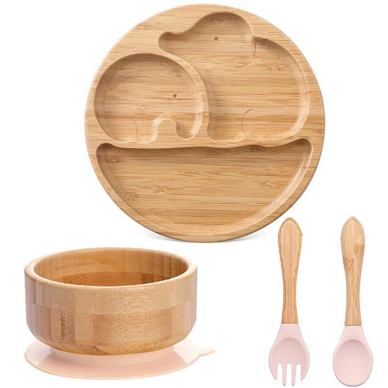 4pcs Bamboo Plate Sets Baby Feeding Bowl Wooden Kids Feeding Supplies Spoon Fork for Baby Tableware Suction Plate Bowl Cup
