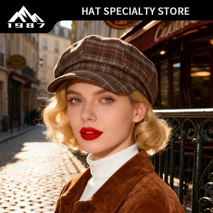Vintage Plaid Newsboy Cap Women Men British Style Retro Artistic Octagonal Hat Female Male Casual Painter Cap Unisex Fall Winter