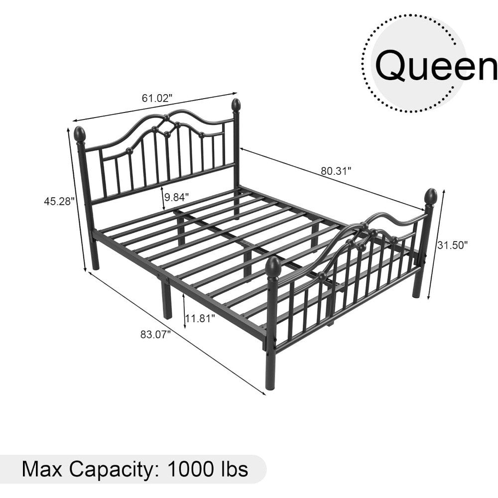 Estrutura de Cama de Casal de Metal com Cabeceira e Peseira, Estrutura de Cama Plataforma Moderna de Ferro Suporta até 544 kg, Armazenamento Embaixo da Cama, Sem
