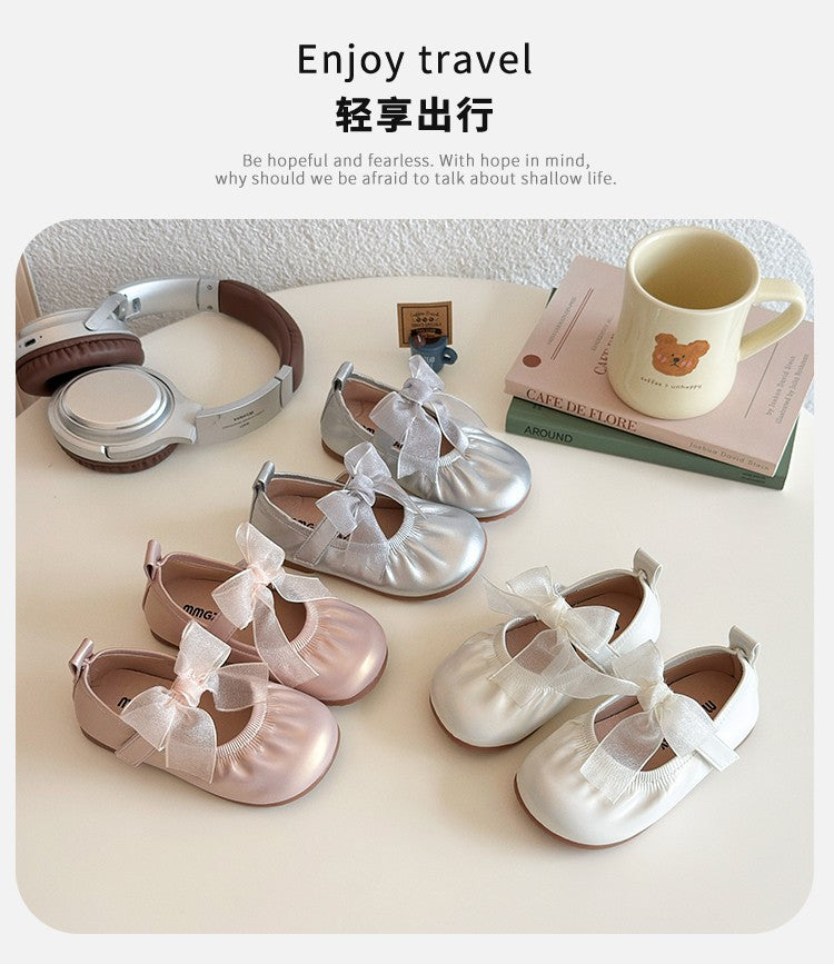 Baby Girl Princess Shoes Shine Surface Korean Style Lace Bow Casual Flats Non-Slip Toddler Kid Wedding Party Adorable Baby Shoes