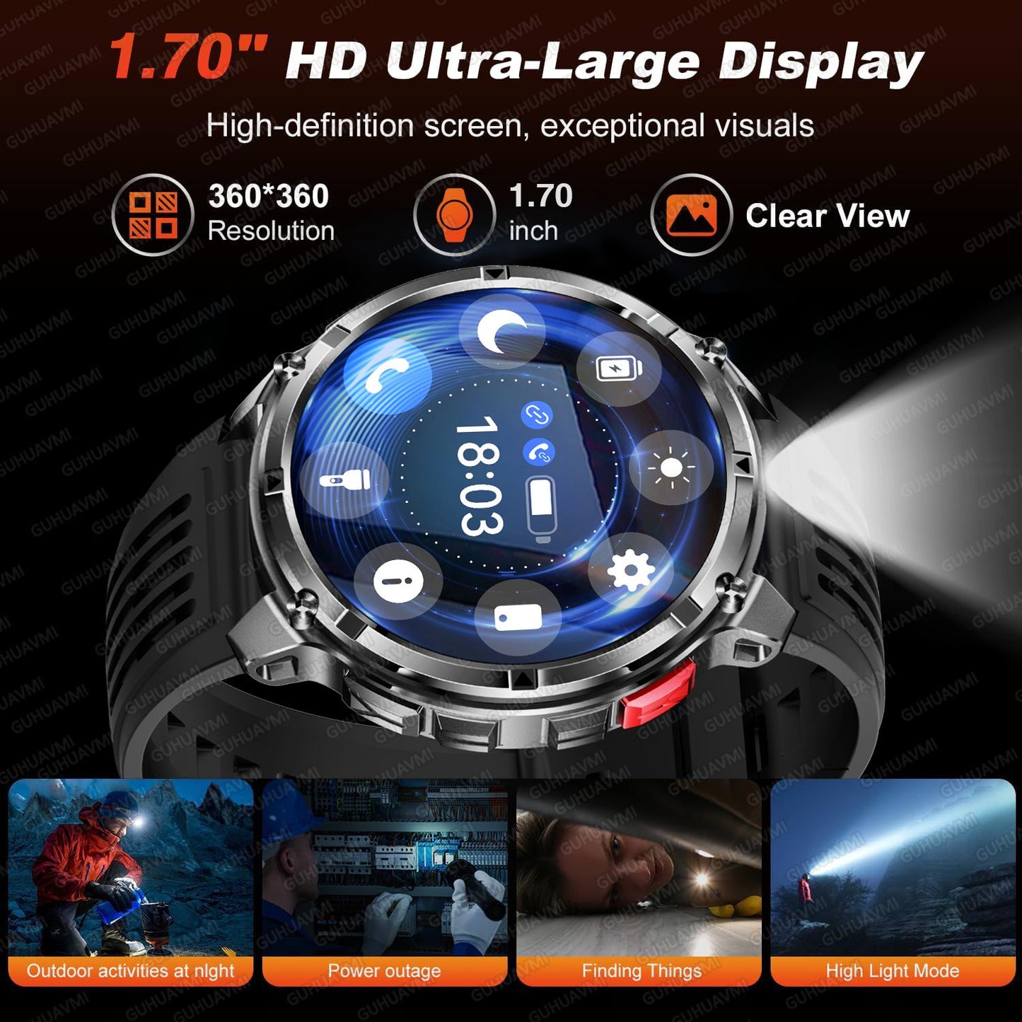 Relógio Inteligente Militar com Bússola GPS Masculino Bateria 1100mAh Lanterna Frequência Cardíaca 100+ Modos Esportivos Chamada Bluetooth Smartwatch à Prova d'Água