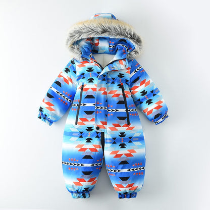 YBFSKID Kids Boys Winter Rompers Geometric Pattern Plush Thick Toddler Baby Boys Ski Suit Fur Collar Little Boys Jumpsuit Outfit
