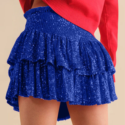 Women's Fashion Short Skirt Solid Pleated High Waist Skirts Classic Sequins Dance Party Sexy All-Match Skirts Plus Size L-3XL