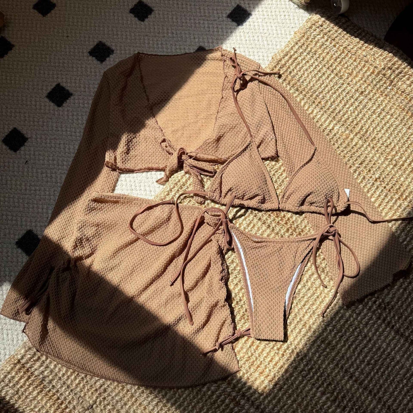 Summer Holiday 4 Piece Bikini Set 2025 Women Sexy White Long Sleeve Cover Up and Skirt Swimsuit Beach Bathing Suit Pool Swimwear