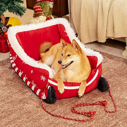 Cama Trenó de Natal Sofá Quente para Animais de Estimação de Pelúcia Removível e Lavável com Base Antiderrapante Ninho de Gato e Cachorro de Natal para Inverno Interno e Externo