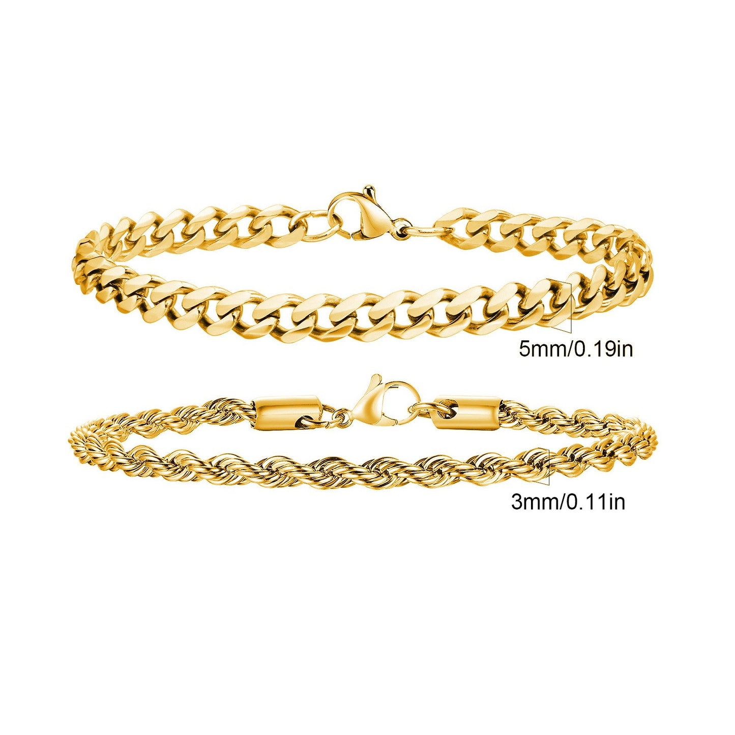 2 Pulseiras Masculinas de Corrente, Aço Inoxidável Prata Ouro Cor Preta, Corrente de Corda Torcida, Pulseira, Correntes Cubanas Modernas de Presente