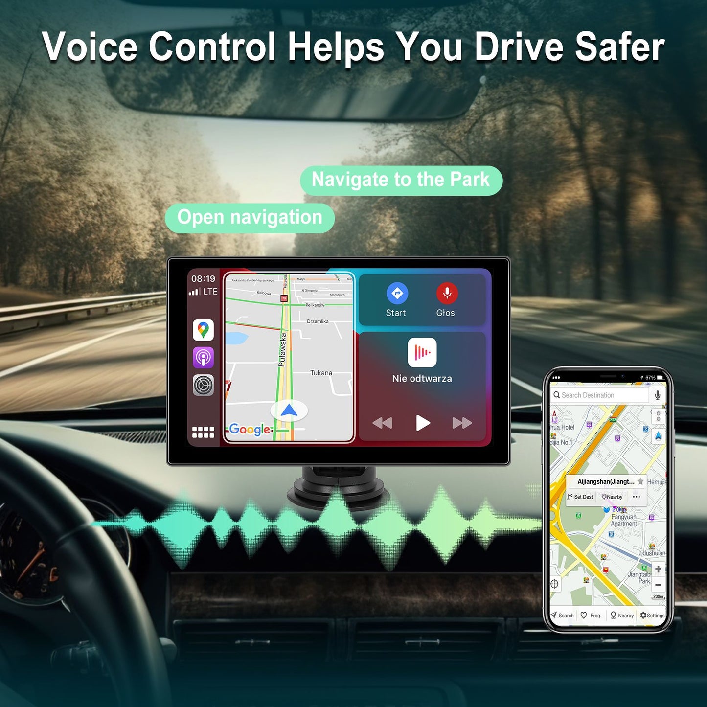 Player de Vídeo Multimídia de Rádio para Espelho de Carro Portátil de 9" Universal Sem Fio CarPlay Android Auto Tela Bluetooth AUX TF GPS DVR