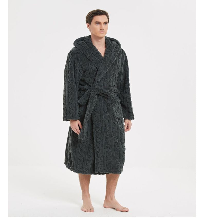 New American Cotton Velvet Jacquard Hooded Men's Dressing Gown with Fleece Thickened Autumn and Winter Couple Dressing Gown