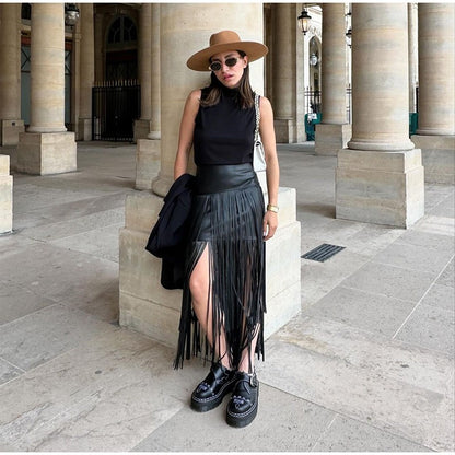 Tassel Leather Midi Skirt Women Solid High Street High-waist A-line Bodycon Long Skirts Spring Summer 2026 Chic All-match Outfit