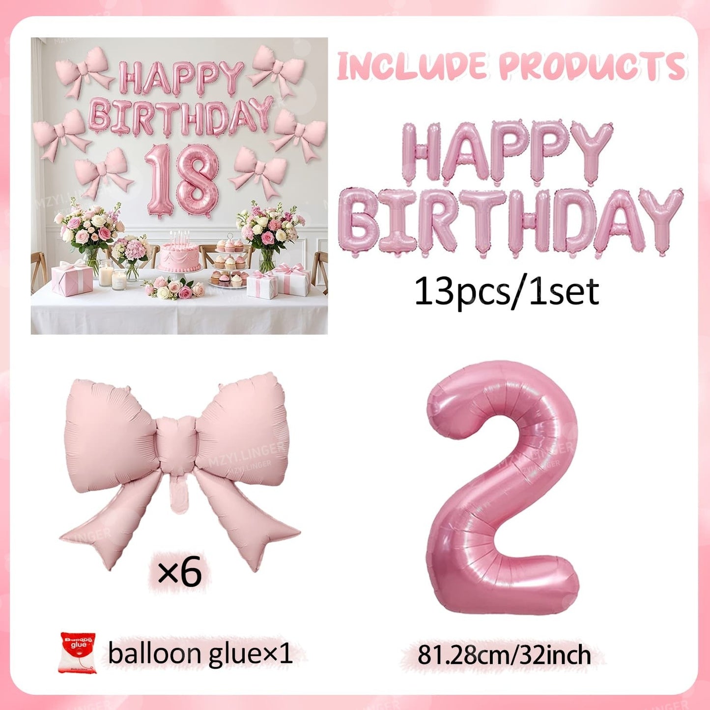Pink Bow Birthday Balloon Happy Birthday Letter Balloon Used for Wedding, Valentine's Day, Birthday, Proposal Decoration Decor