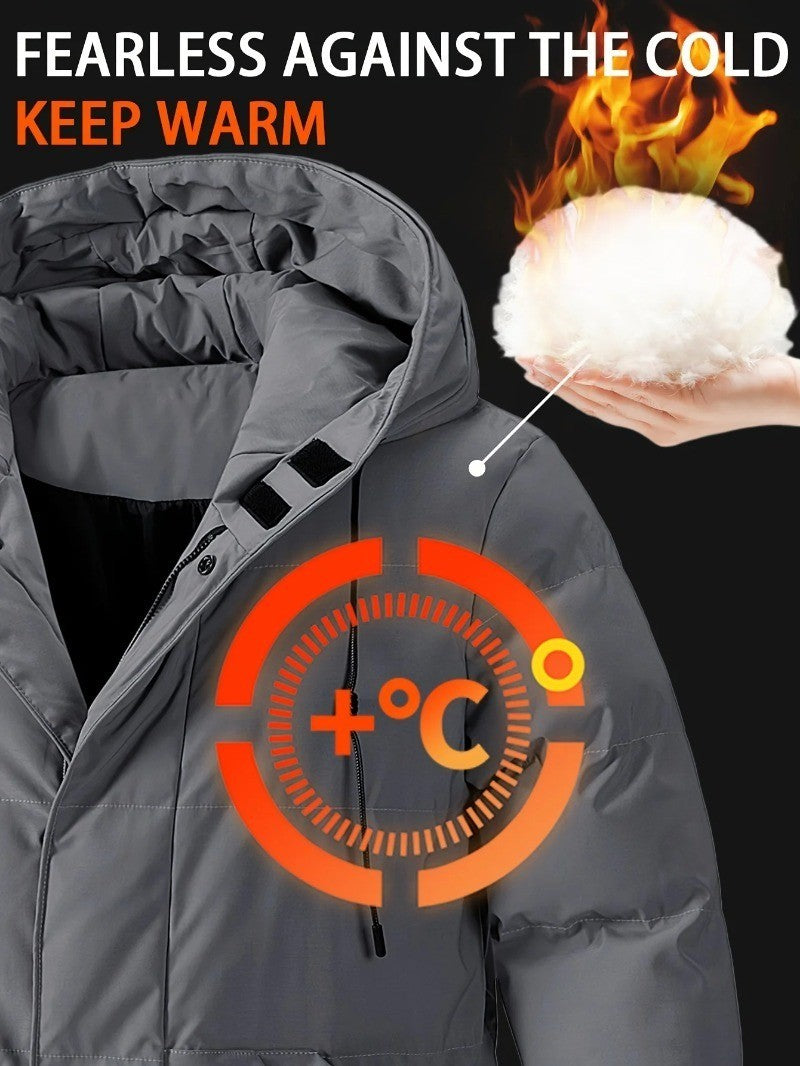 Men'S Heavyweight Winter Coat Windproof Cold Weather Jacket with Full-Length Zipper, Hooded Long Formality, Large Front Pockets