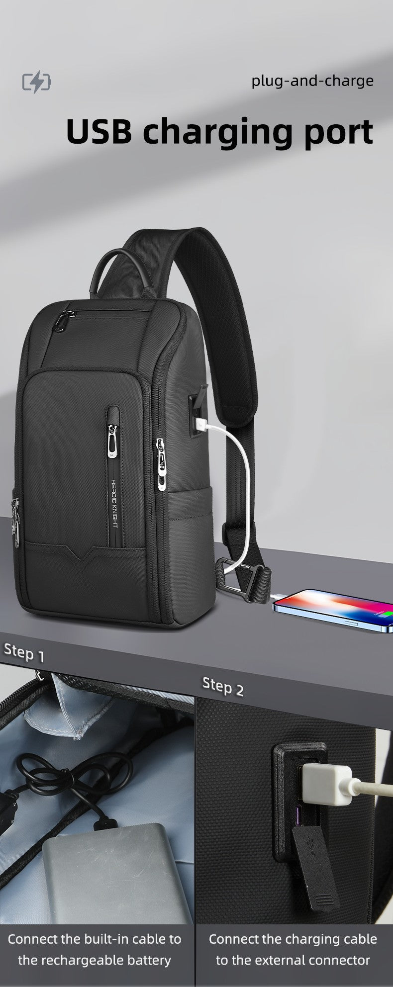 HK Anti-theft Men's Shoulder Bag Waterproof Chest Crossbody Bag with USB Oxford Leisure Satchel Multi-Pockets Sling Bag for Male