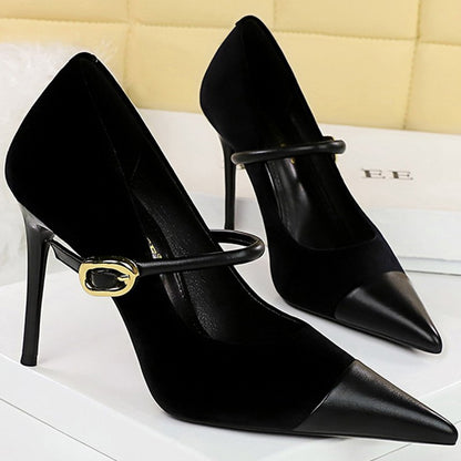 Korean Version Party 10cm 7cm High Heels Women Shoes Thin Heels Velvet Shallow Montage Pointed Toe Metal One-line Buckle Pumps