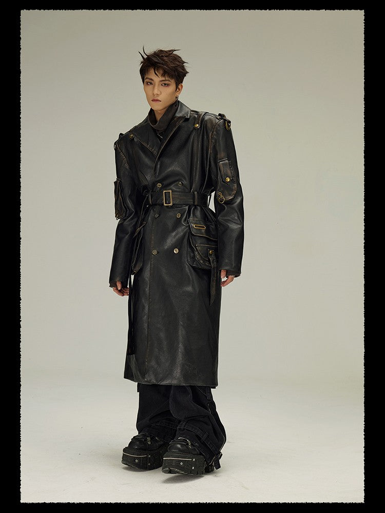 Mauroicardi Spring Autumn Long  Distressed Black Pu Leather Trench Coat Men Belt Double Breasted Luxury European Fashion 2023