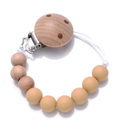 Handmade Beech Wood Baby Pacifier Chain Round Silicone Beads Infant Appease Soother Clips Anti-Drop Dummy Holder Nipple Clip
