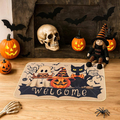 VIKAMA Halloween Welcome Mat Ghost Black Cat Indoor Outdoor Halloween Decorations Porch Entrance Hallway Kitchen Rug
