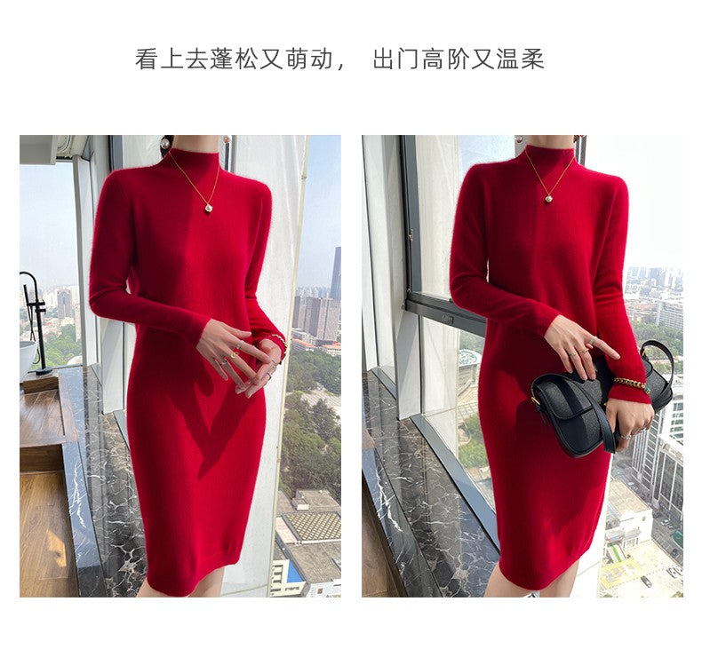 Autumn And Winter 100% Pure Wool Ladies Long Sweater Skirt Semi-High Collar Cashmere Dress Large Knit Bottoming Skirt