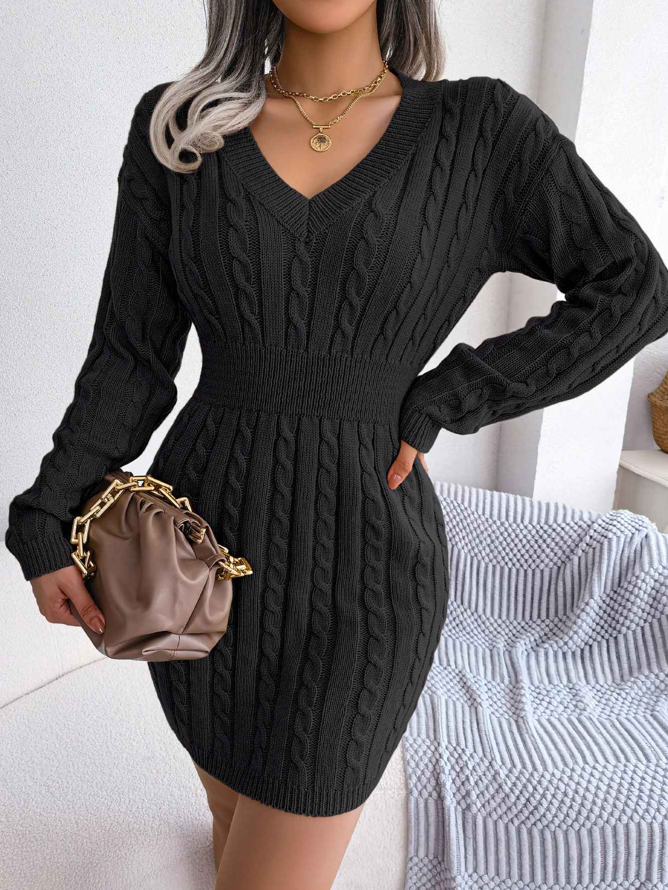 VigoCasey 2025 V Neck Casual Short Knit Dress Autumn Winter Women Solid Long Sleeve Dress Lady Khaki Bodycon Knitted Dresses