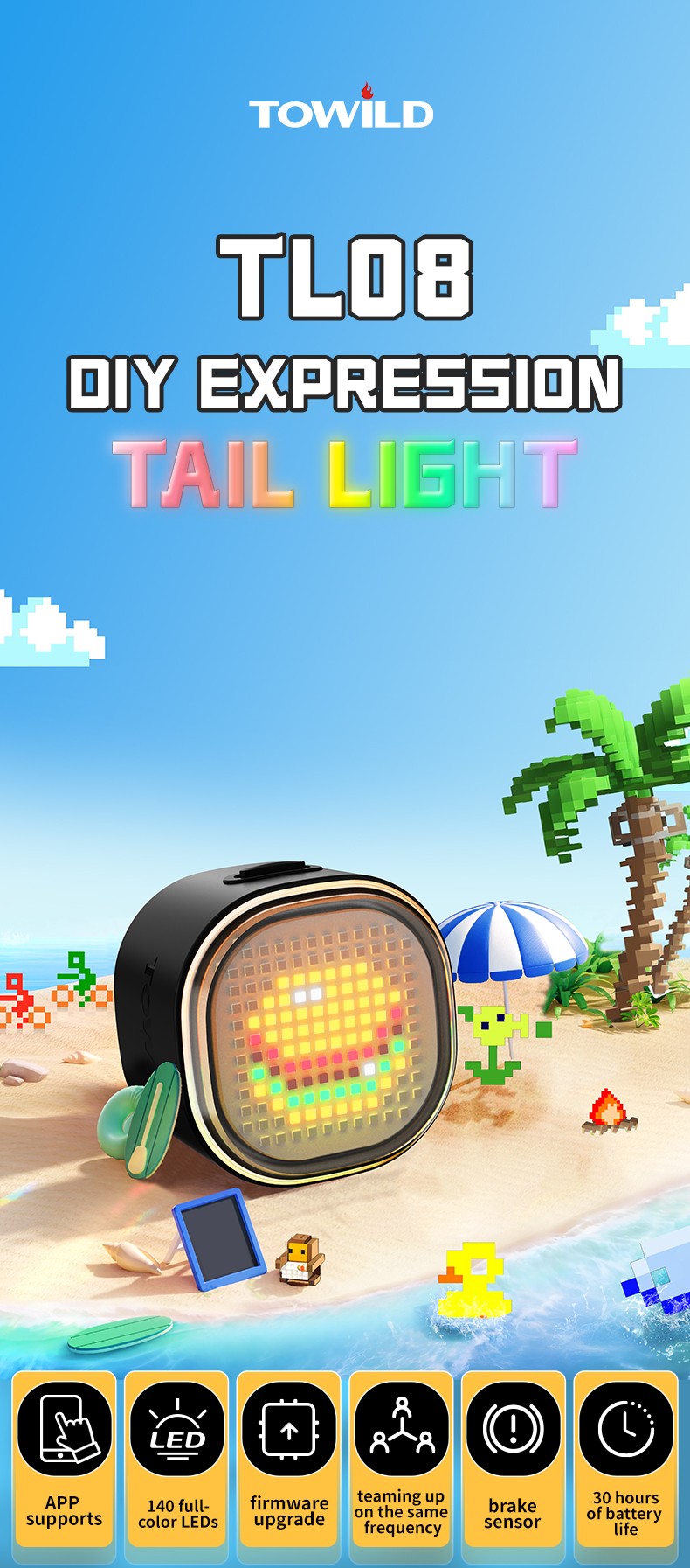 TOWILD TL08 Luz traseira com expressão inteligente 140 LEDs Sensor de frenagem Bluetooth Luz traseira de bicicleta personalizável