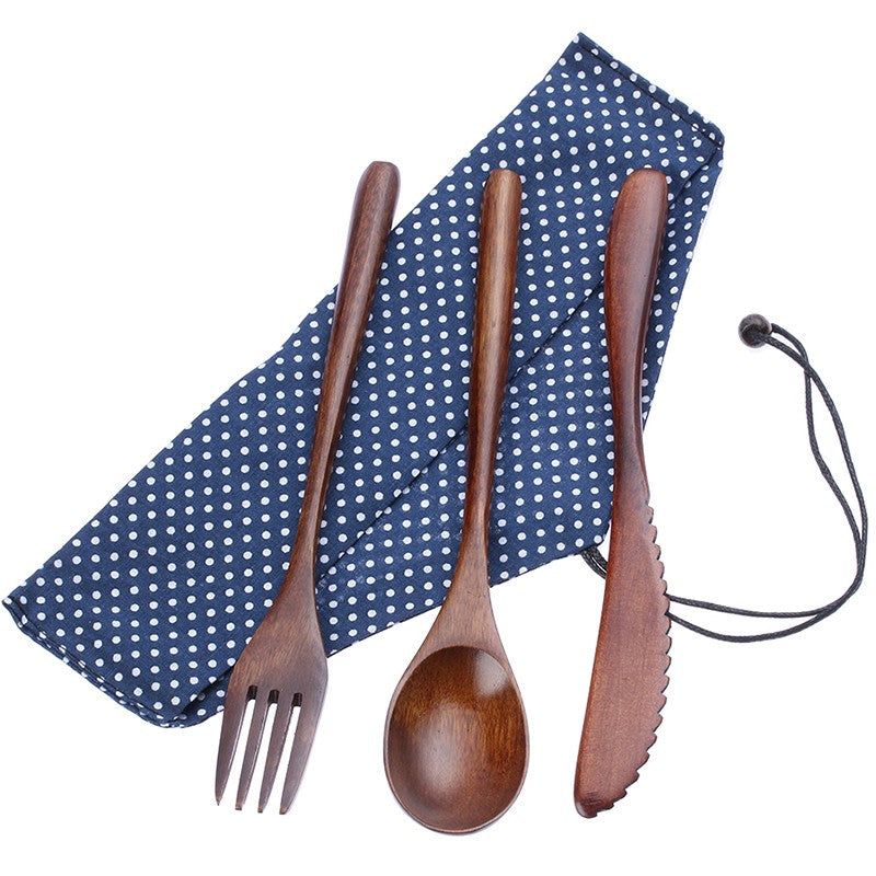 Conjunto de Talheres de Madeira Colher Garfo Cortador Reutilizável Madeira Bambu com Bolsa Portátil Louça Utensílios de Mesa Material para Almoço Estudantil