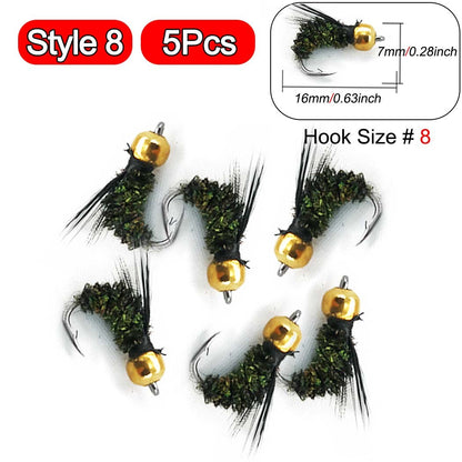 5 Peças Latão Beadhead Pavão Herl Buzzer Fly Isca de Pesca no Gelo Jig Ninfas Larvas para Pesca de Truta Perca Bluegill