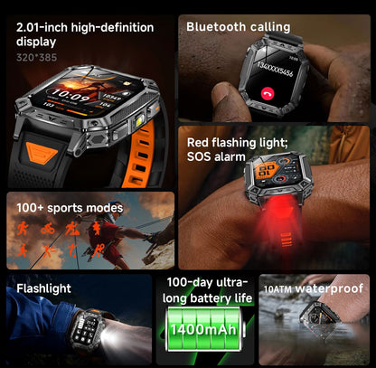 2026 Novo 1400mAh Bateria Grande Militar Ao Ar Livre 2.01 polegadas Smartwatch Masculino 10ATM À Prova D'água Chamada Bluetooth Relógio Inteligente Esportivo
