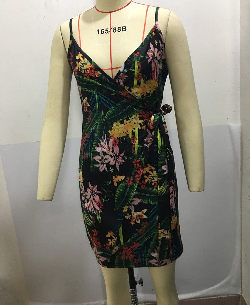 Women's Sexy V-Neck Spaghetti Strap Bodycon Dress, Slim Fit Party Dress with Waist Belt, Summer Cocktail Dress