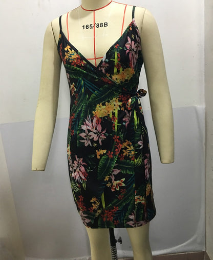 Women's Sexy V-Neck Spaghetti Strap Bodycon Dress, Slim Fit Party Dress with Waist Belt, Summer Cocktail Dress