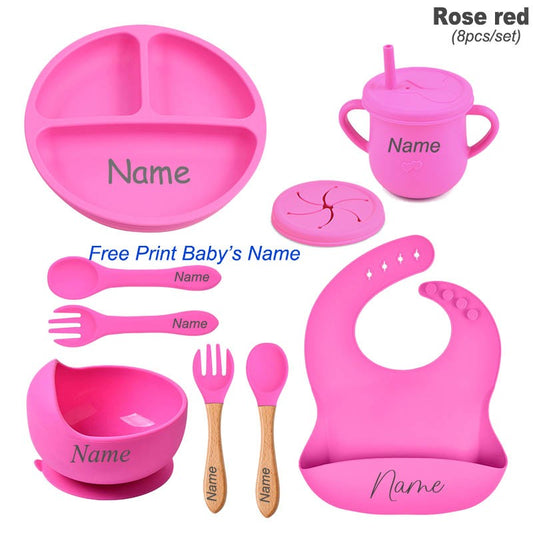 8Pcs Silicone Tableware Set Personalized Name Logo Baby Feeding Set Spoon Fork Suction Cup Bowl Silicone Dinner Plate For Kids