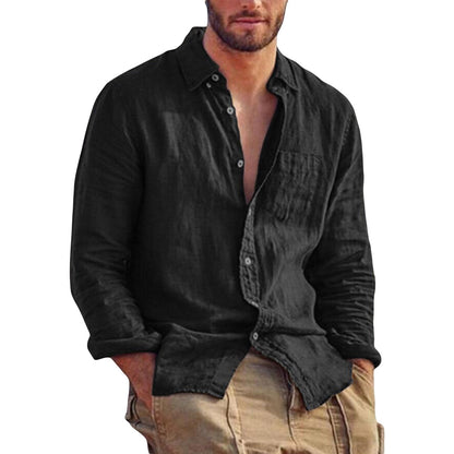 Men's Lapel Collar Shirt, Solid Color Long Sleeve Button-Down Loose Simple Blouse with Chest Pocket