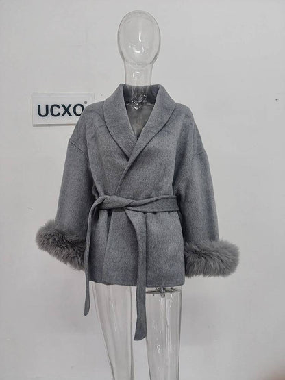 UCXQ Casaco Feminino Elegante OL para Escritório com Retalhos de Pelo Manga Comprida Lã Jaqueta de Roupa Feminina Bonita Outono Inverno 2025