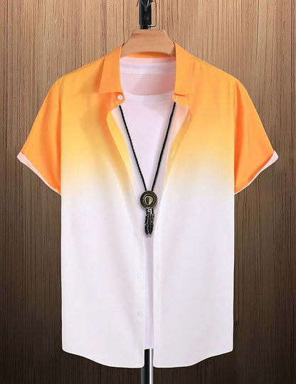 New Simple Gradient Hawaiian short-sleeved Top Casual Beach Buttoned Lapel short-sleeved Shirt Comfortable men's Shirt