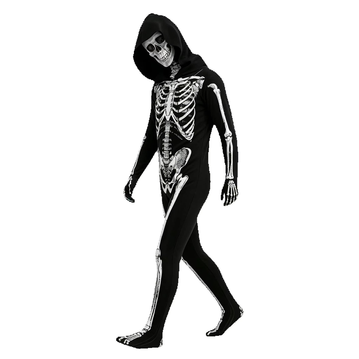 Child Skeleton Horror Hooded Costume Kids Grim Reaper Spooky Skeleton Bodysuit Jumpsuit Scary Halloween Party Role Play Costume