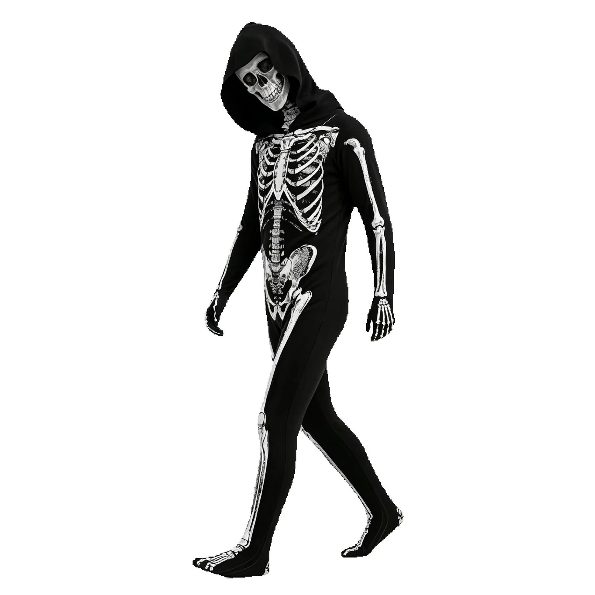 Child Skeleton Horror Hooded Costume Kids Grim Reaper Spooky Skeleton Bodysuit Jumpsuit Scary Halloween Party Role Play Costume