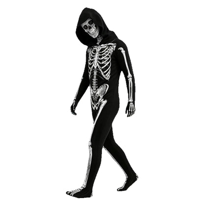 Child Skeleton Horror Hooded Costume Kids Grim Reaper Spooky Skeleton Bodysuit Jumpsuit Scary Halloween Party Role Play Costume