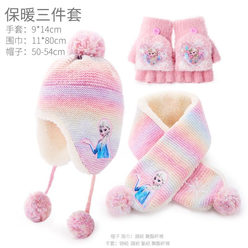 Conjunto infantil de gorro de lã e cachecol com animação da Elsa de Frozen da Disney, desenho animado, inverno, forro de veludo, espesso para manter aquecido