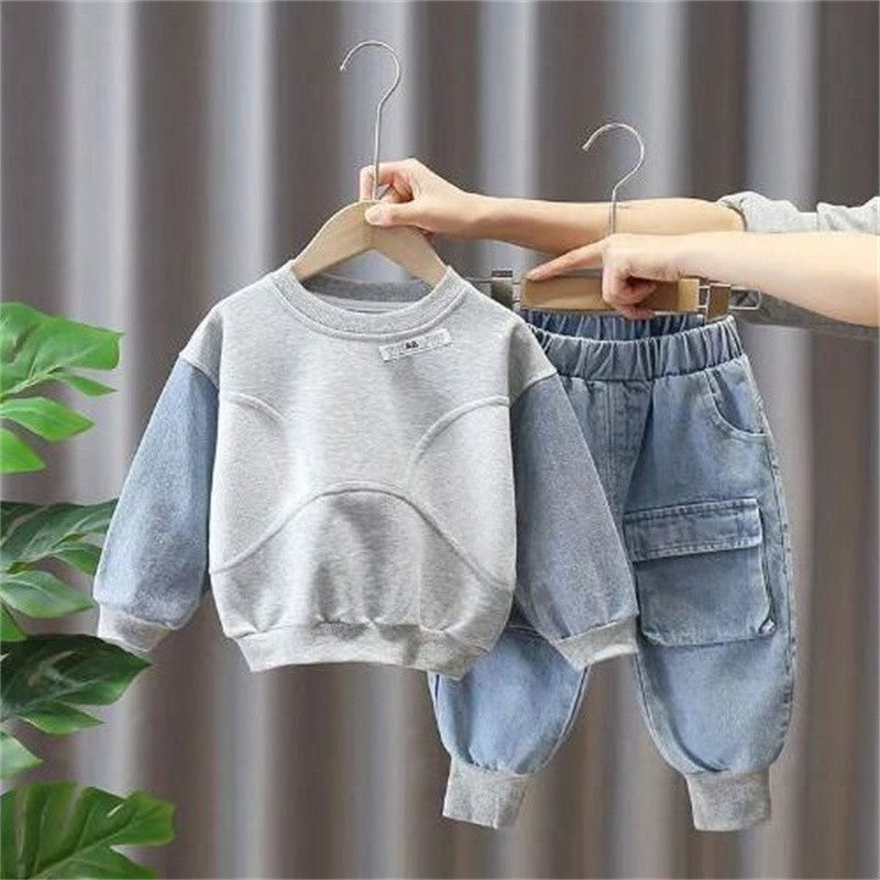 Conjunto de roupas para bebês meninos, azul claro liso, estilo casual/urbano, duas peças, com manga longa e calça de moletom jeans.