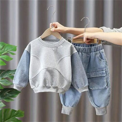 Conjunto de roupas para bebês meninos, azul claro liso, estilo casual/urbano, duas peças, com manga longa e calça de moletom jeans.