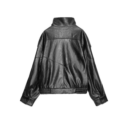 Vintage PU Leather Bomber Jackets 2025 Autumn New Ladies Zipper Lapel Long Sleeve Pocket Coat With Belt Women's Loose Streetwear