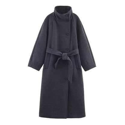Women's Coat 2025 Autumn and Winter New Style Gray Long-Sleeve Belted Single-Breasted Stand Collar Loose Coat Fashionable