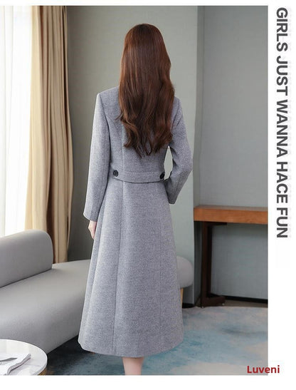 Plus Size Women's Overcoat Long Thickened Woolen Coat Long Collar Slim Fit Waist Cinched Outerwear Spring Autumn New Style Ho...