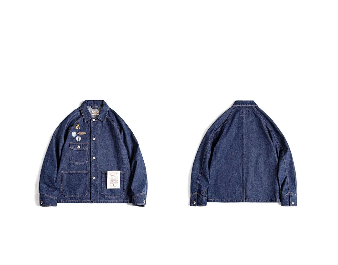 Maden Vintage 12.8oz Heavyweight Denim Jacket Embroidered Badge Washed Lapel Casual Outerwear for Men Spring and Fall Chore Coat