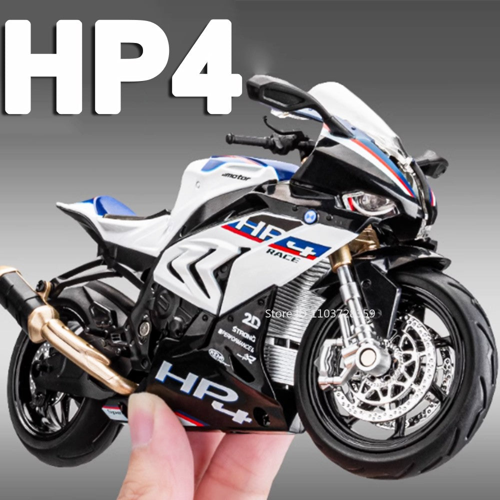 Miniaturas de Motocicletas de Brinquedo Modelo HP4 1:12 Liga Fundida com Som, Luz, Amortecimento, Pneus de Borracha, Enfeite, Presentes para Meninos